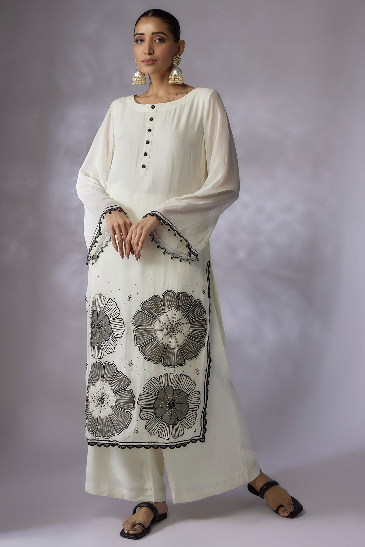 Ivory georgette embroidered kurta set