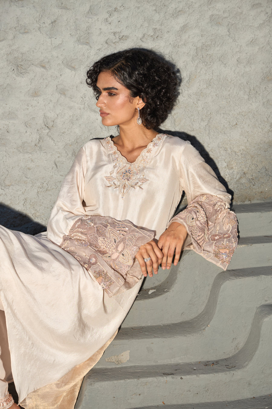 Ivory dupion silk kaftan set