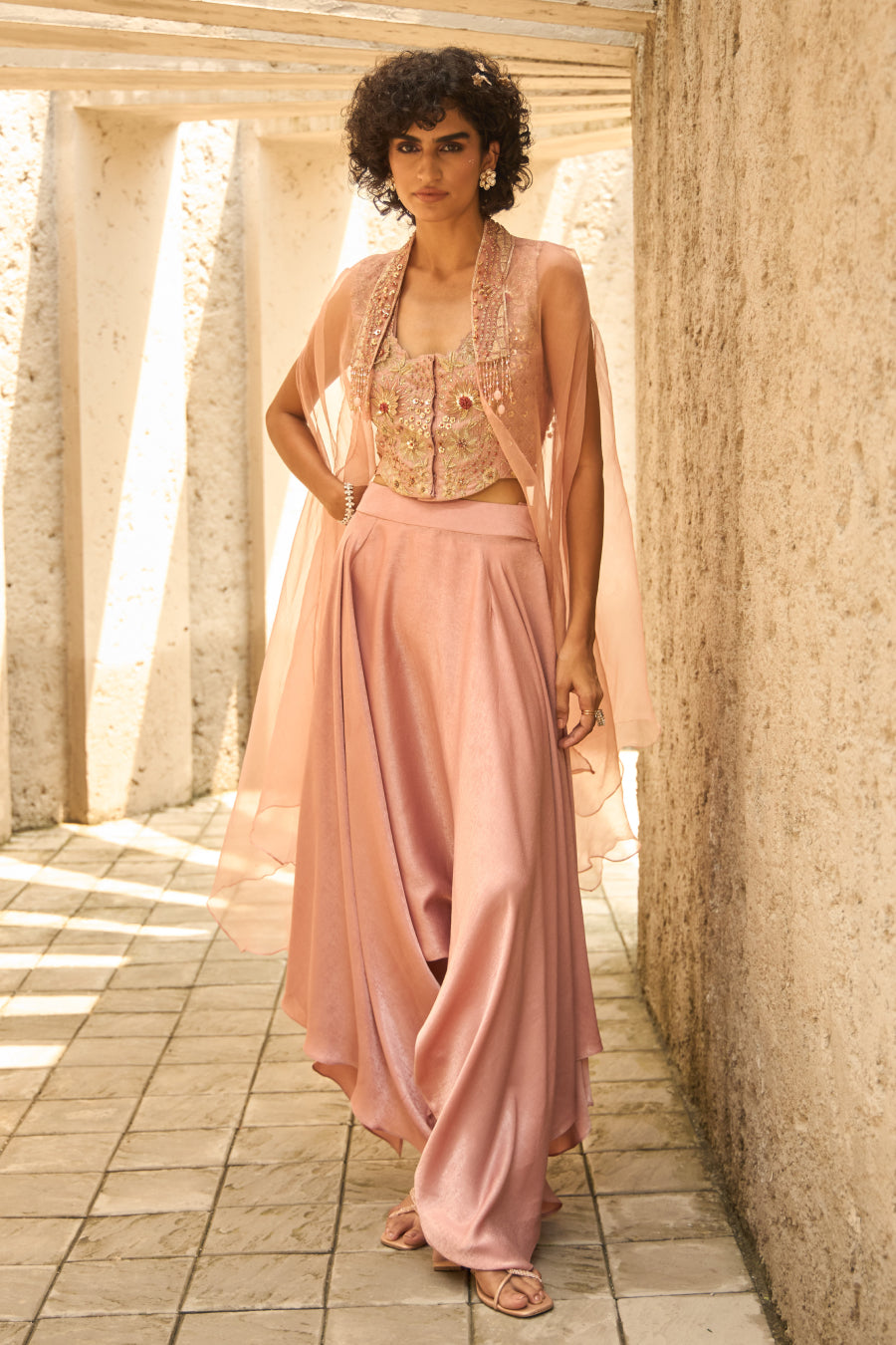 Blush pink chanderi zari waist coat set