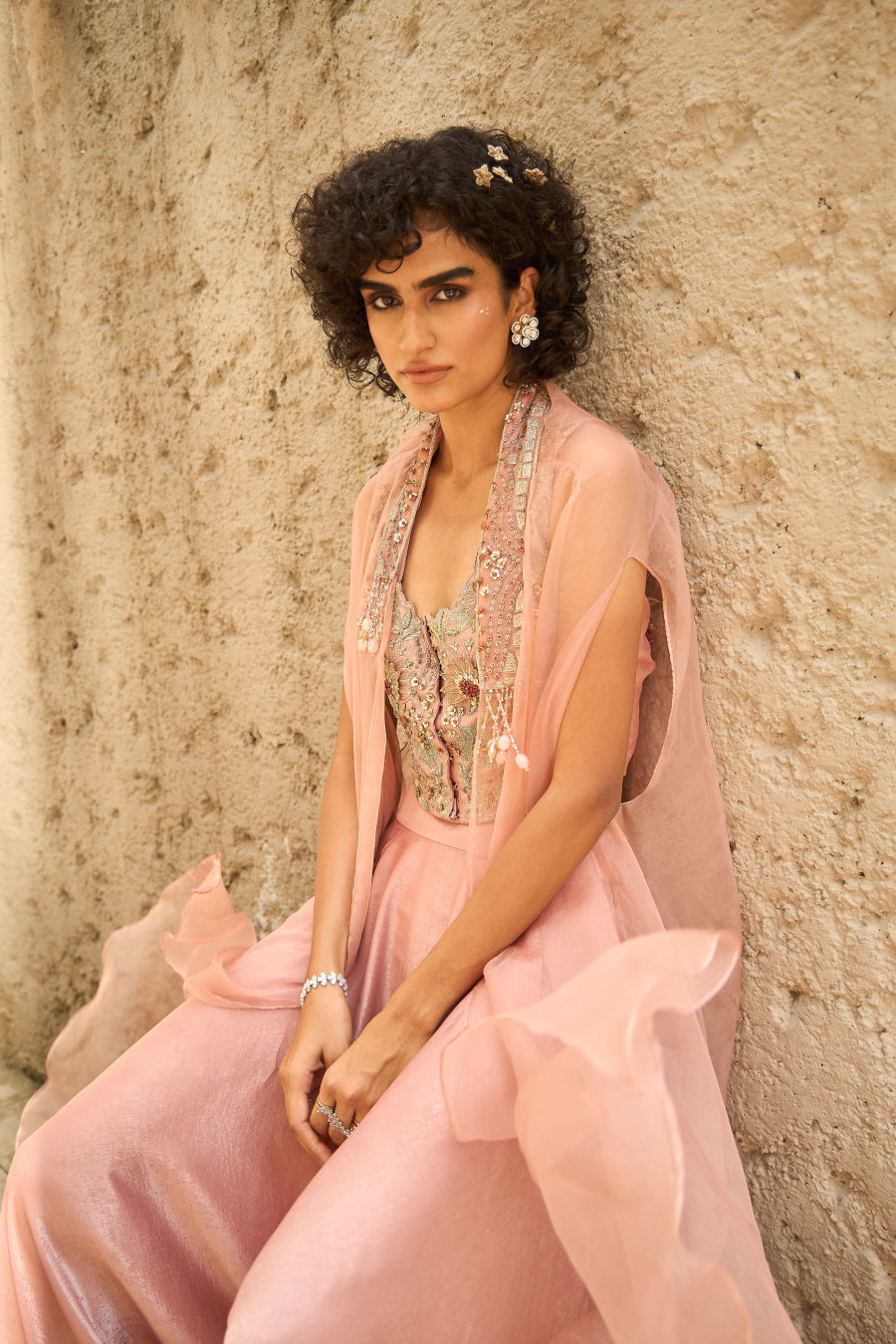 Blush pink chanderi zari waist coat set