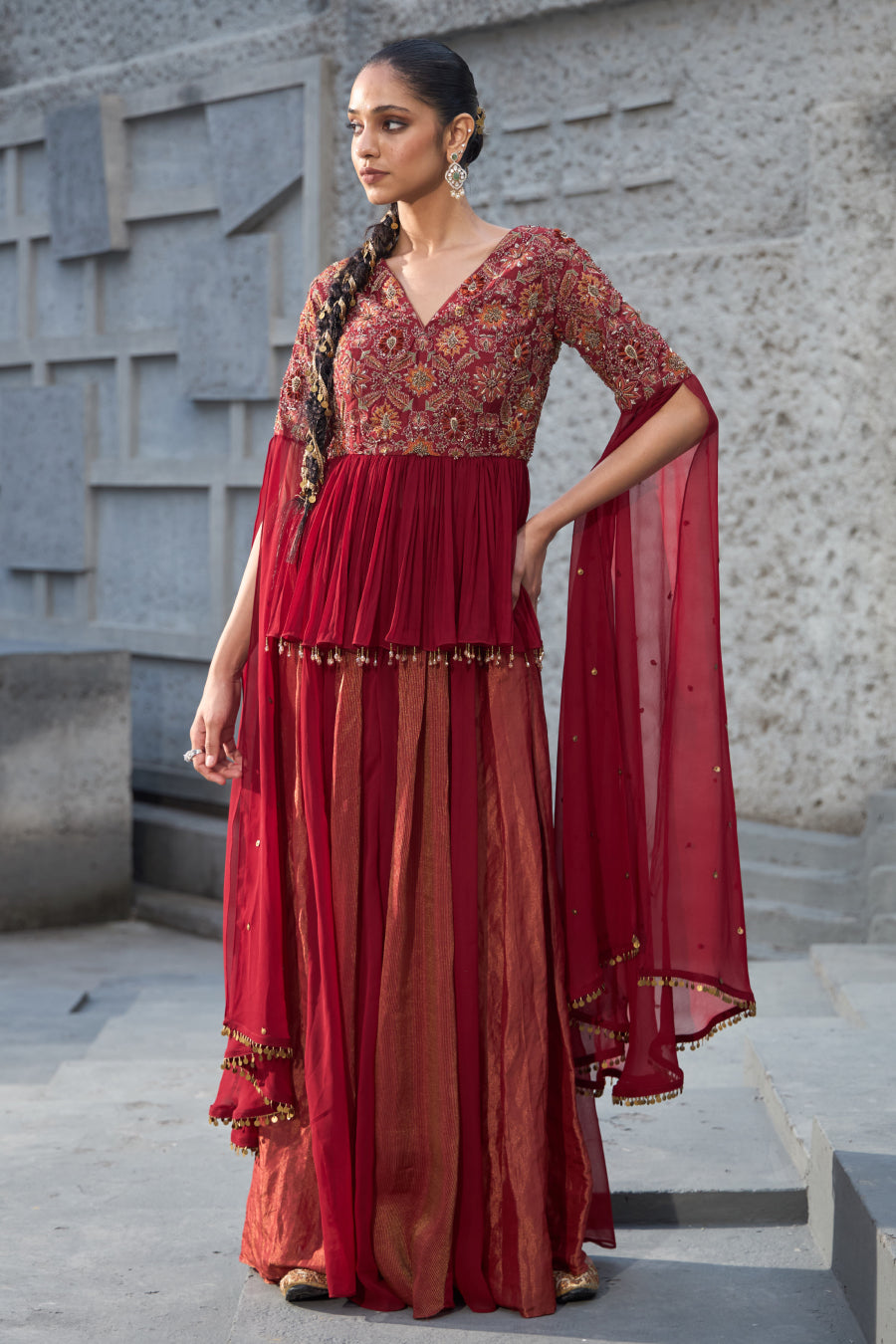 Deep red georgette peplum multikali sharara set – Shreeka