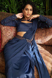 Midnight blue satin and georgette embroidered drape saree set