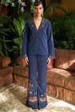 Midnight blue satin twill embroidered blazer set