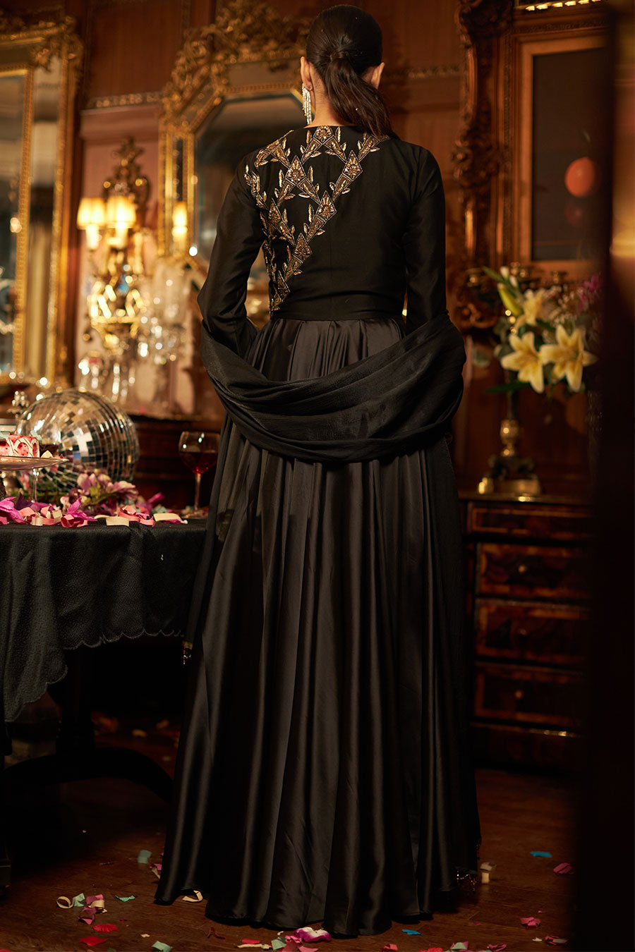 Black satin and banarasi silk tissue embroidered Anarkali set