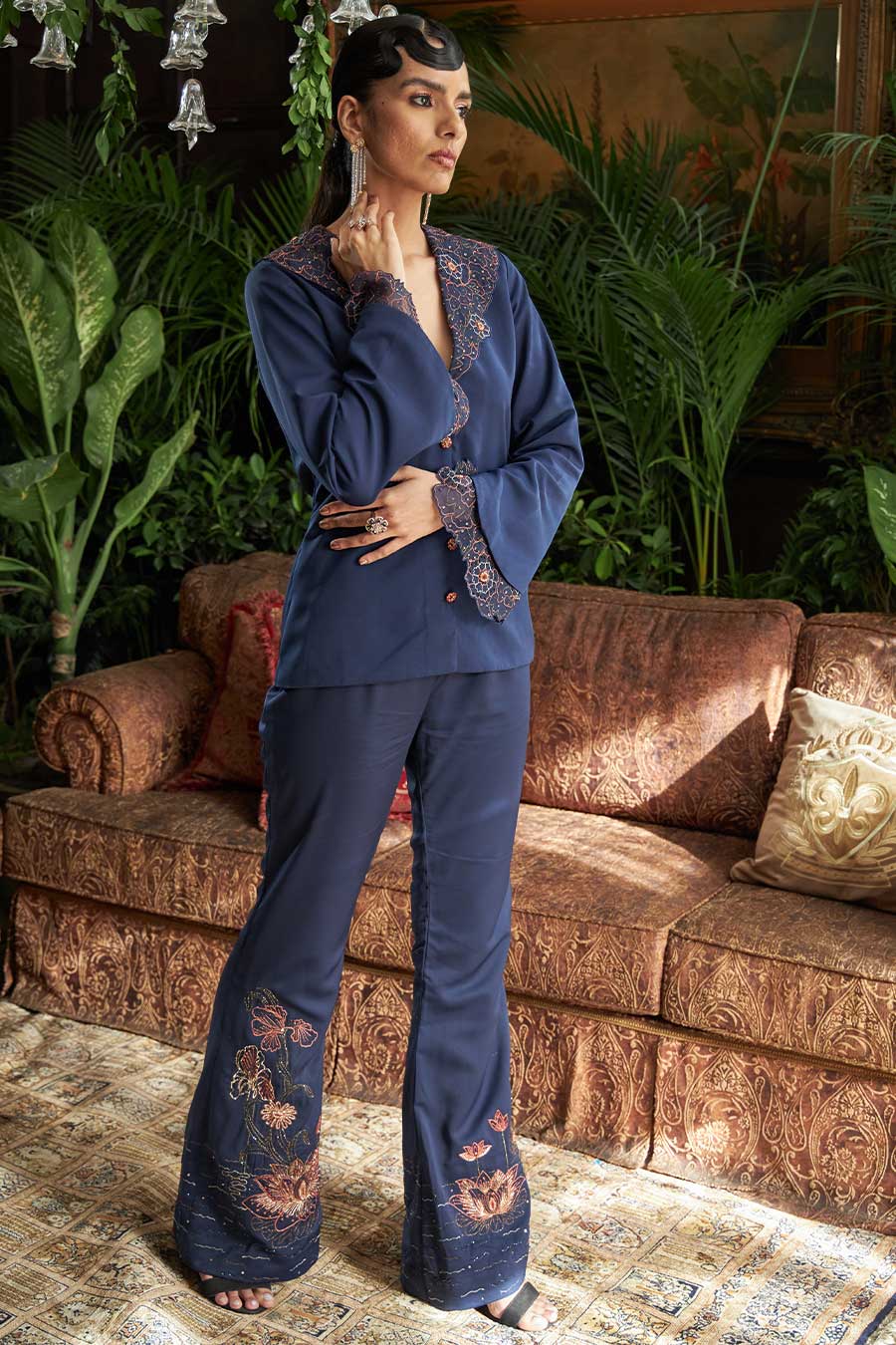 Midnight blue satin twill embroidered blazer set