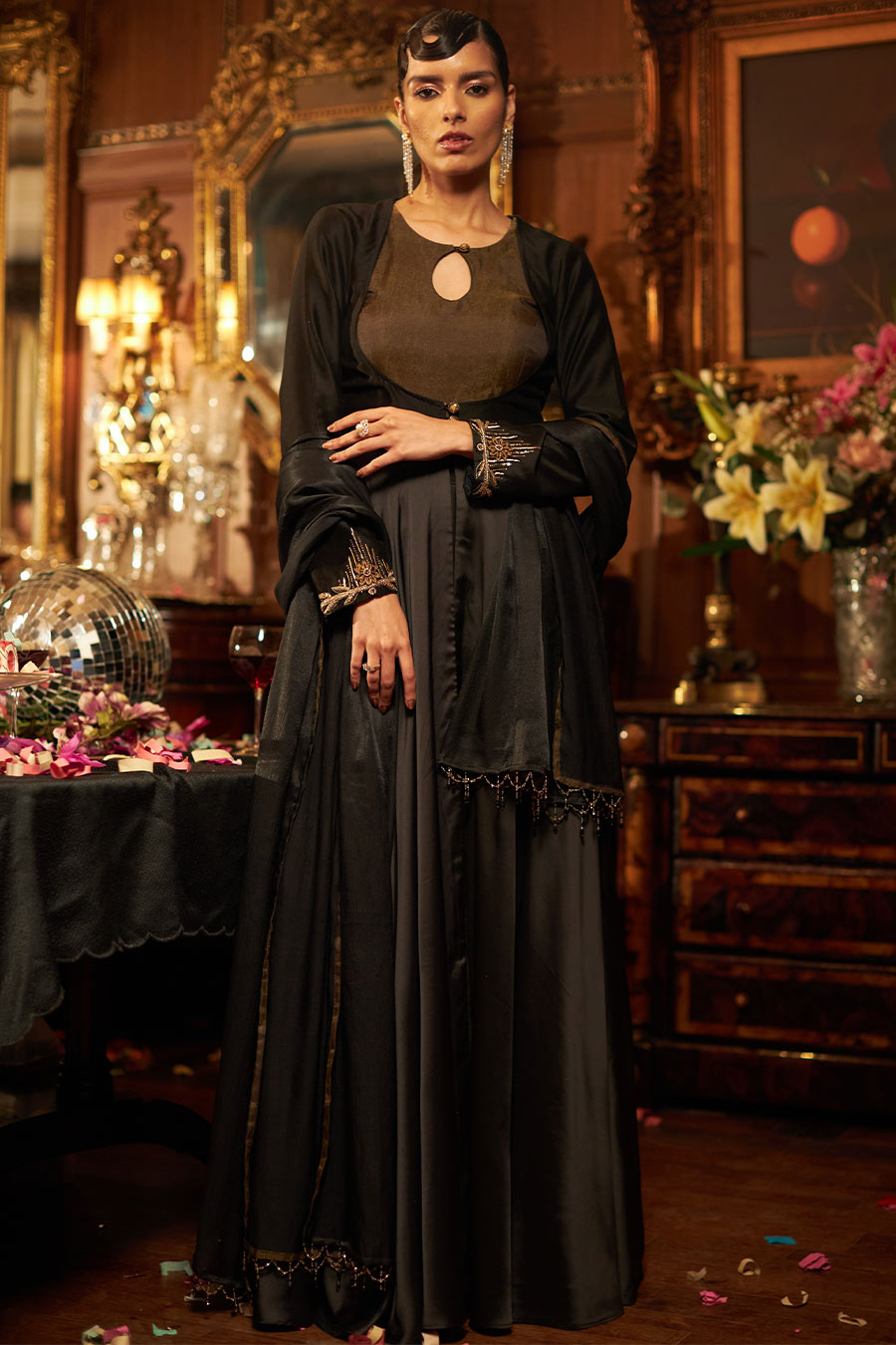 Black satin and banarasi silk tissue embroidered Anarkali set