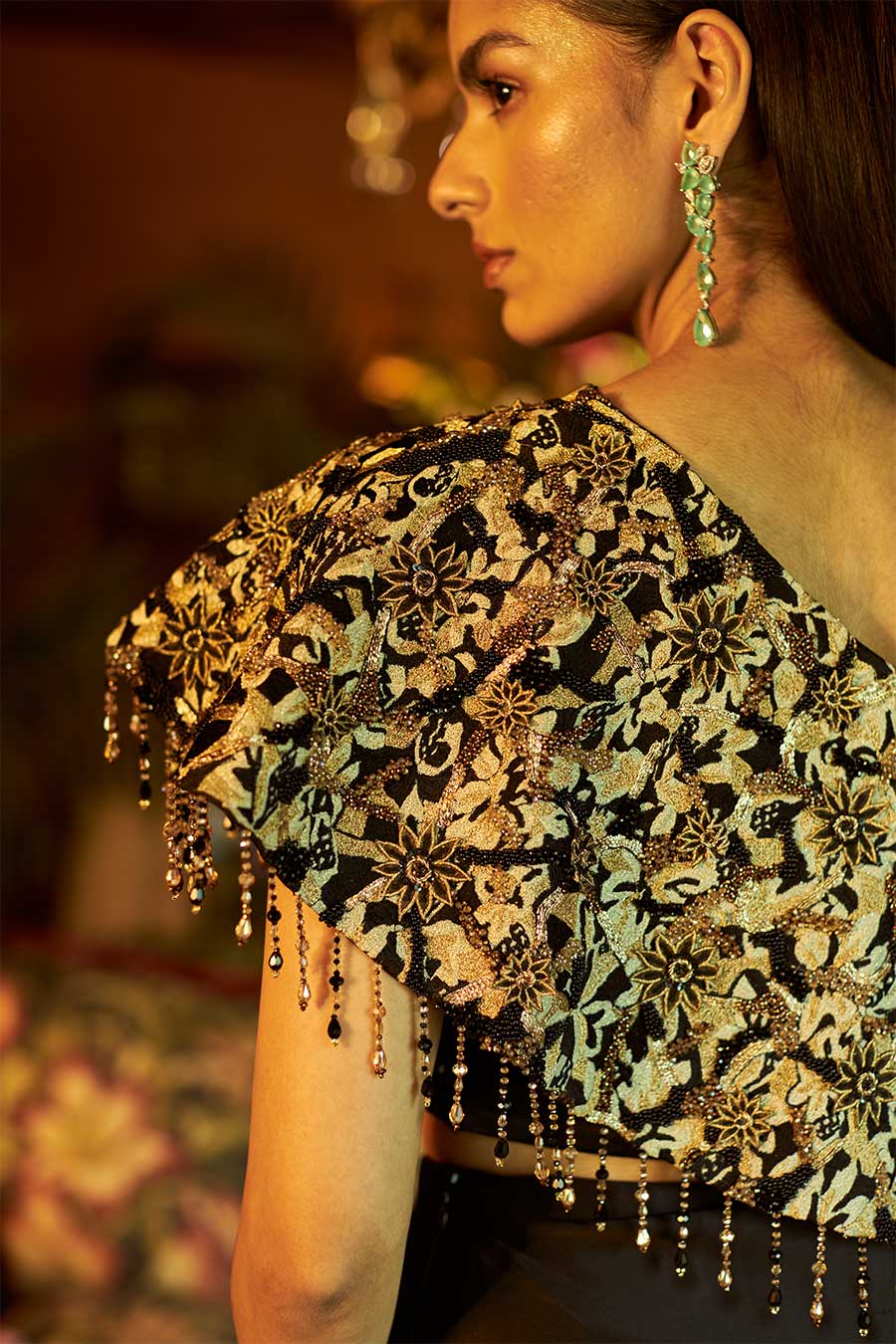Black satin embroidered draped skirt set