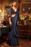 Midnight blue satin embroidered drape saree set
