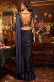 Midnight blue satin embroidered drape saree set