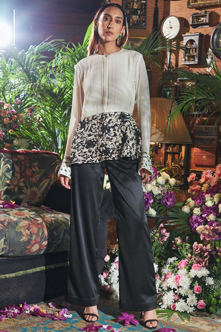 Black and white pleated shirt embroidered co ord set
