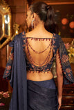 Midnight blue satin embroidered drape saree set