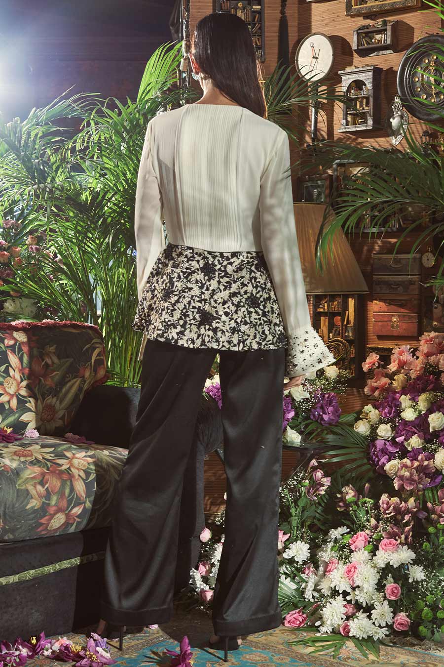 Black and white pleated shirt embroidered co ord set