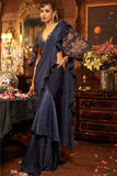 Midnight blue satin embroidered drape saree set
