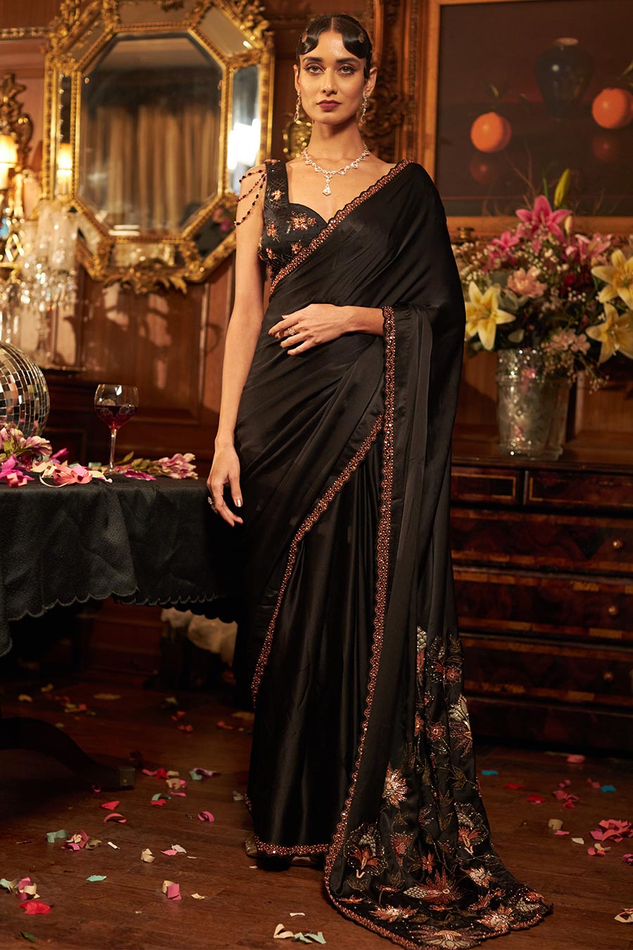 Black hand embroidered silk satin saree set