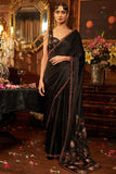 Black hand embroidered silk satin saree set