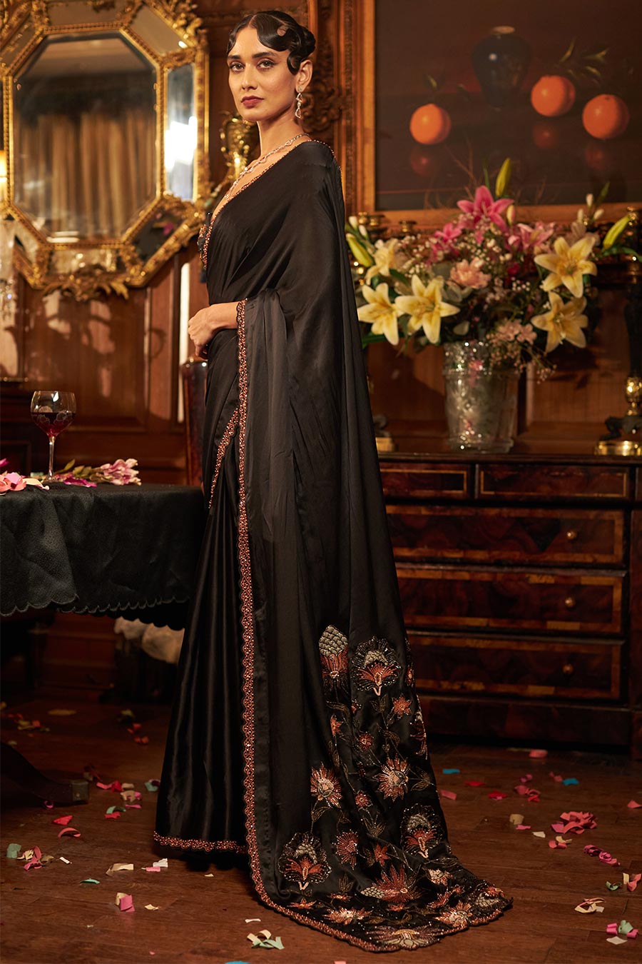 Black hand embroidered silk satin saree set