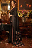 Black hand embroidered silk satin saree set
