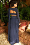 Midnight blue satin and georgette embroidered drape saree set