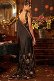 Black hand embroidered silk satin saree set