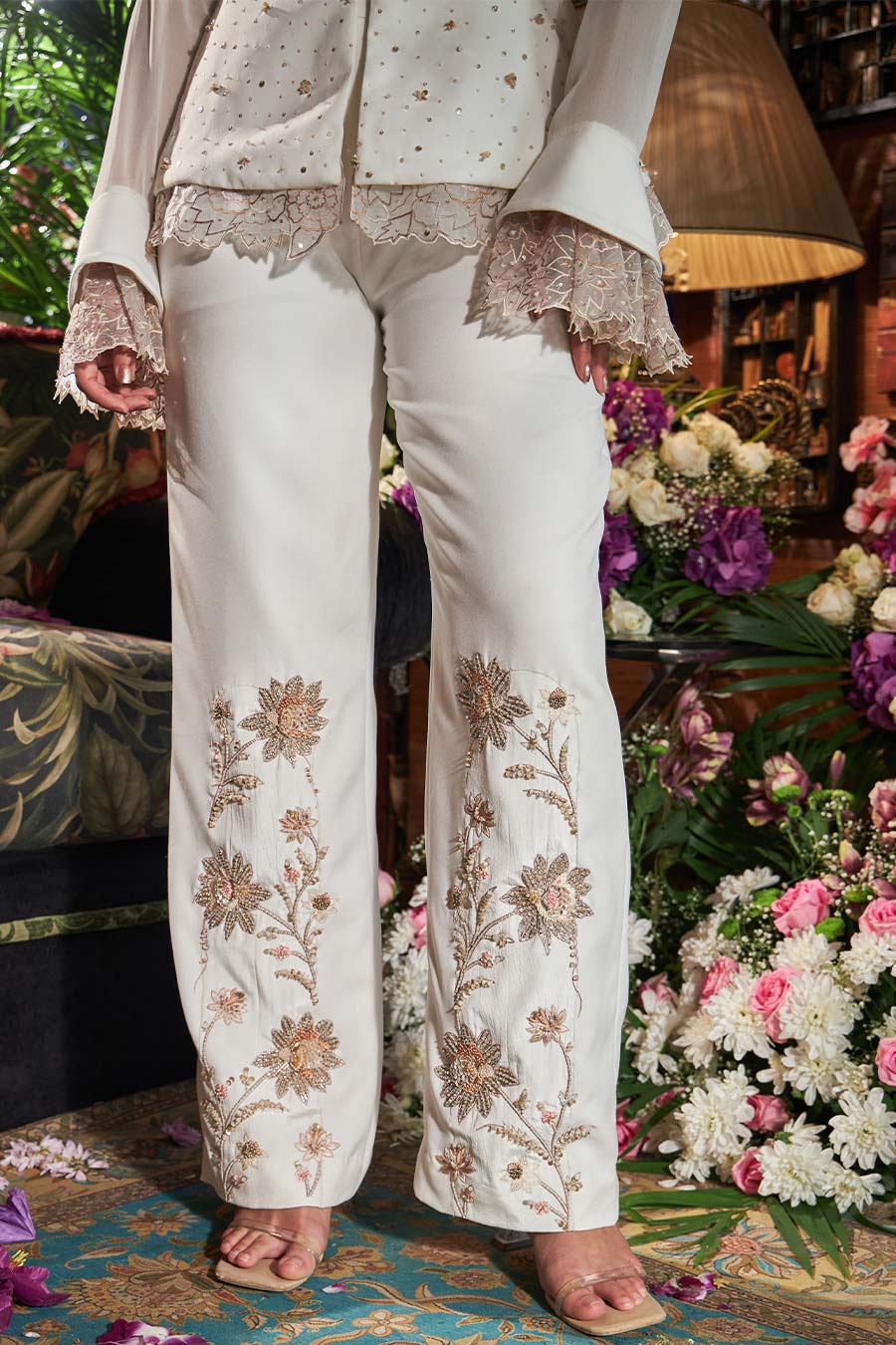Ivory pleated shirt embroidered co ord set