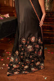 Black hand embroidered silk satin saree set