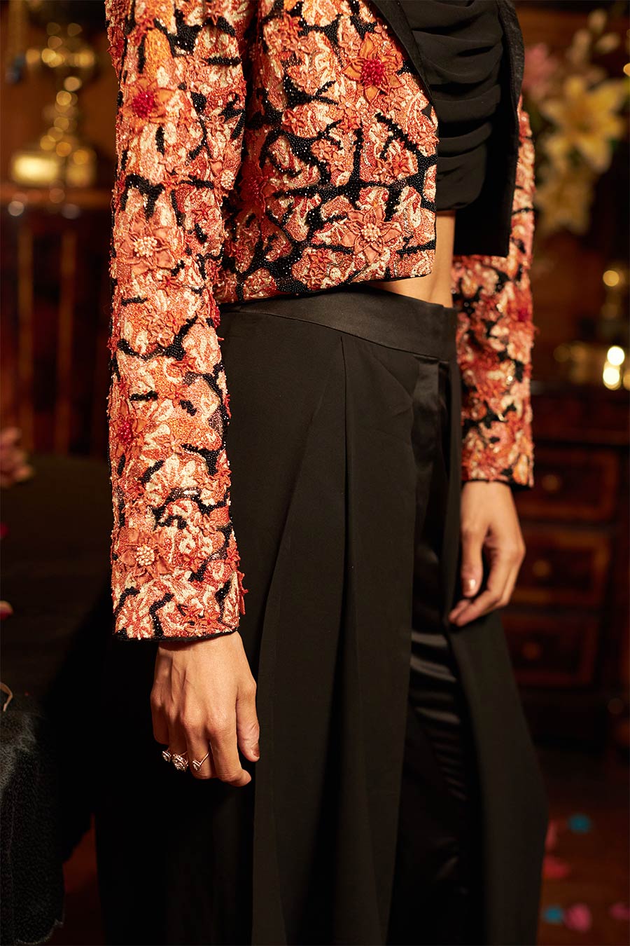 Black georgette hand embroidered blazer set