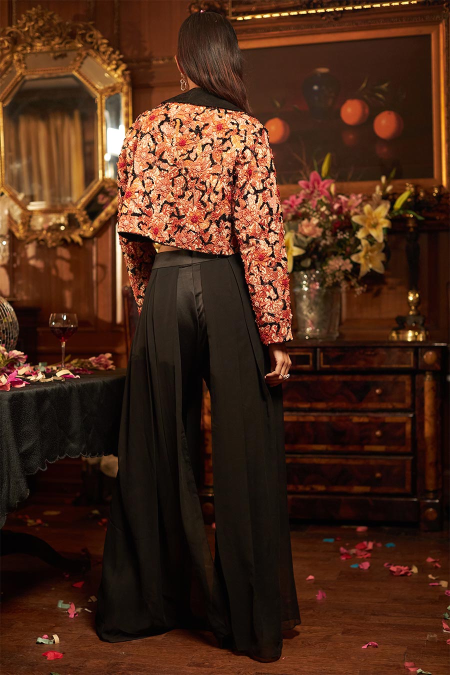 Black georgette hand embroidered blazer set
