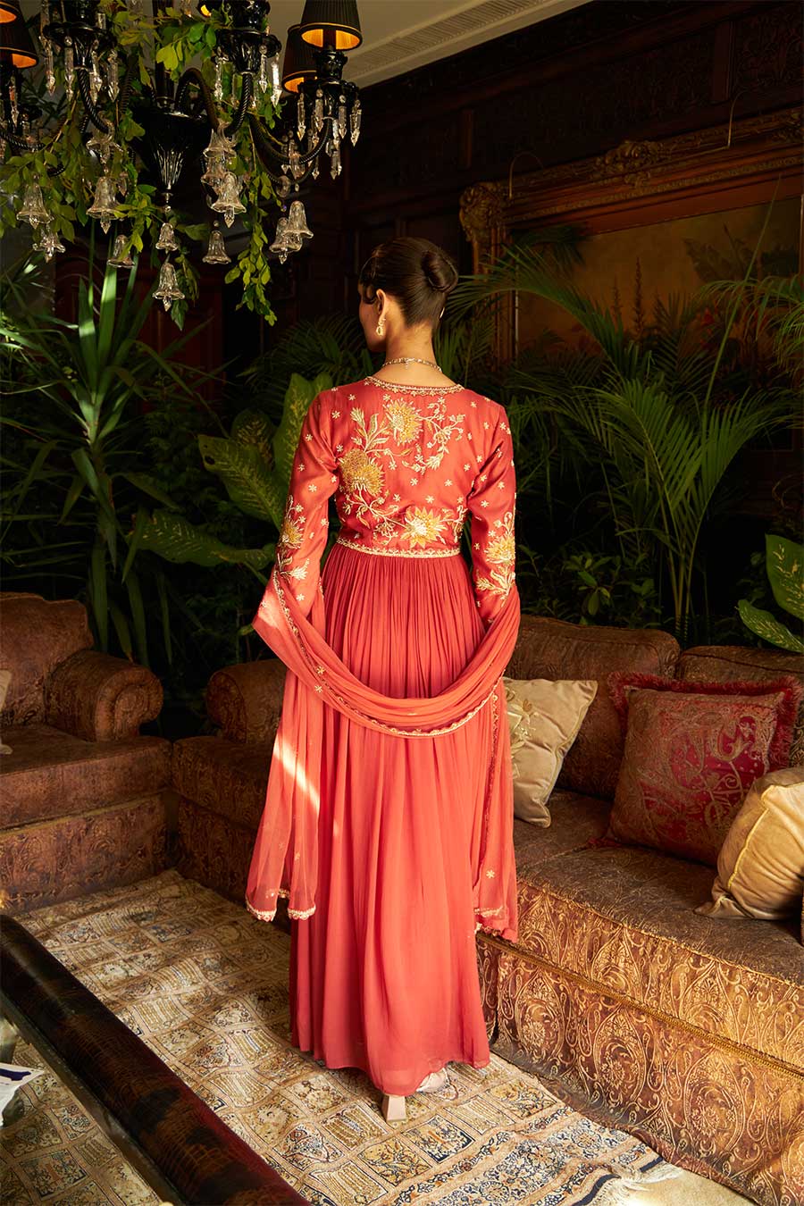 Rust Chanderi & Georgette Embroidered Anarkali Set