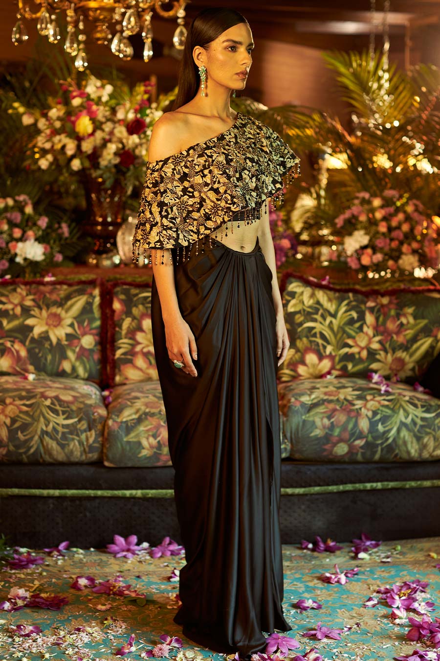 Black satin embroidered draped skirt set