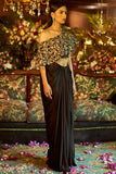 Black satin embroidered draped skirt set