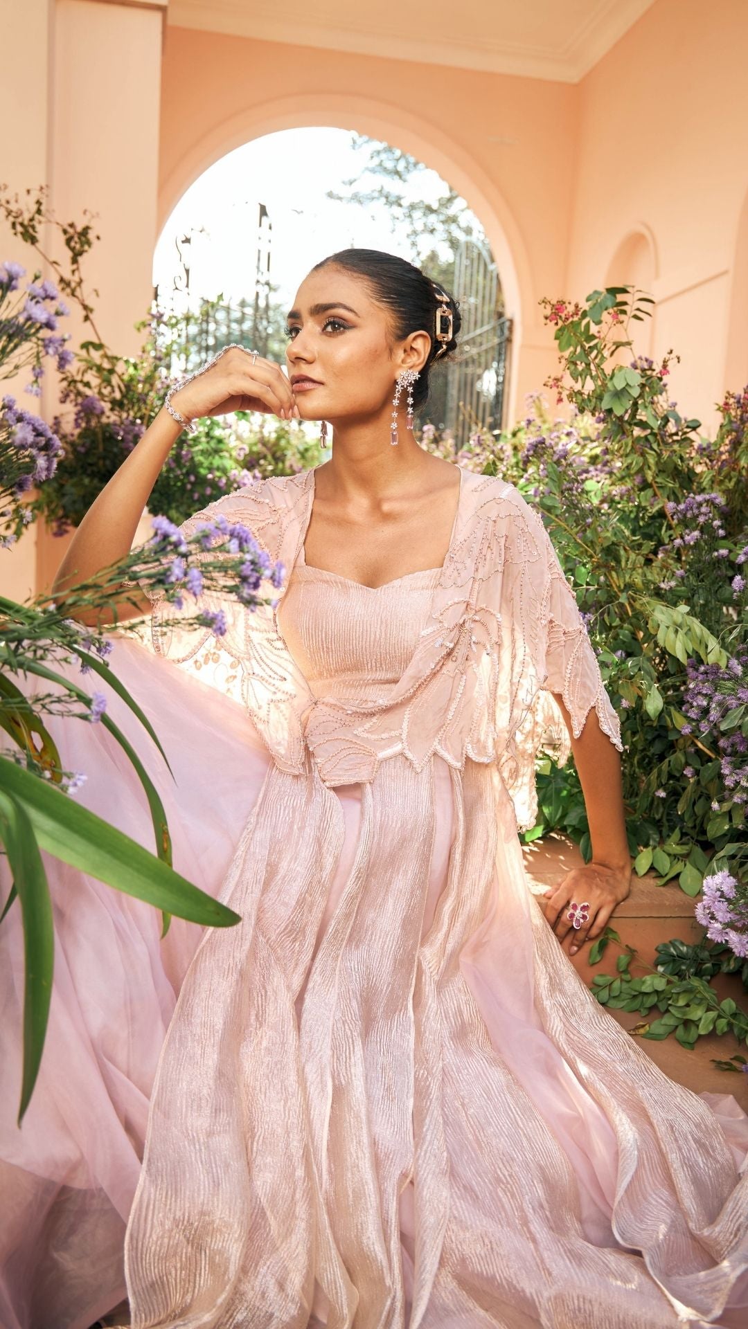 Champagne crushed Tissue & Organza Gown set with Cape