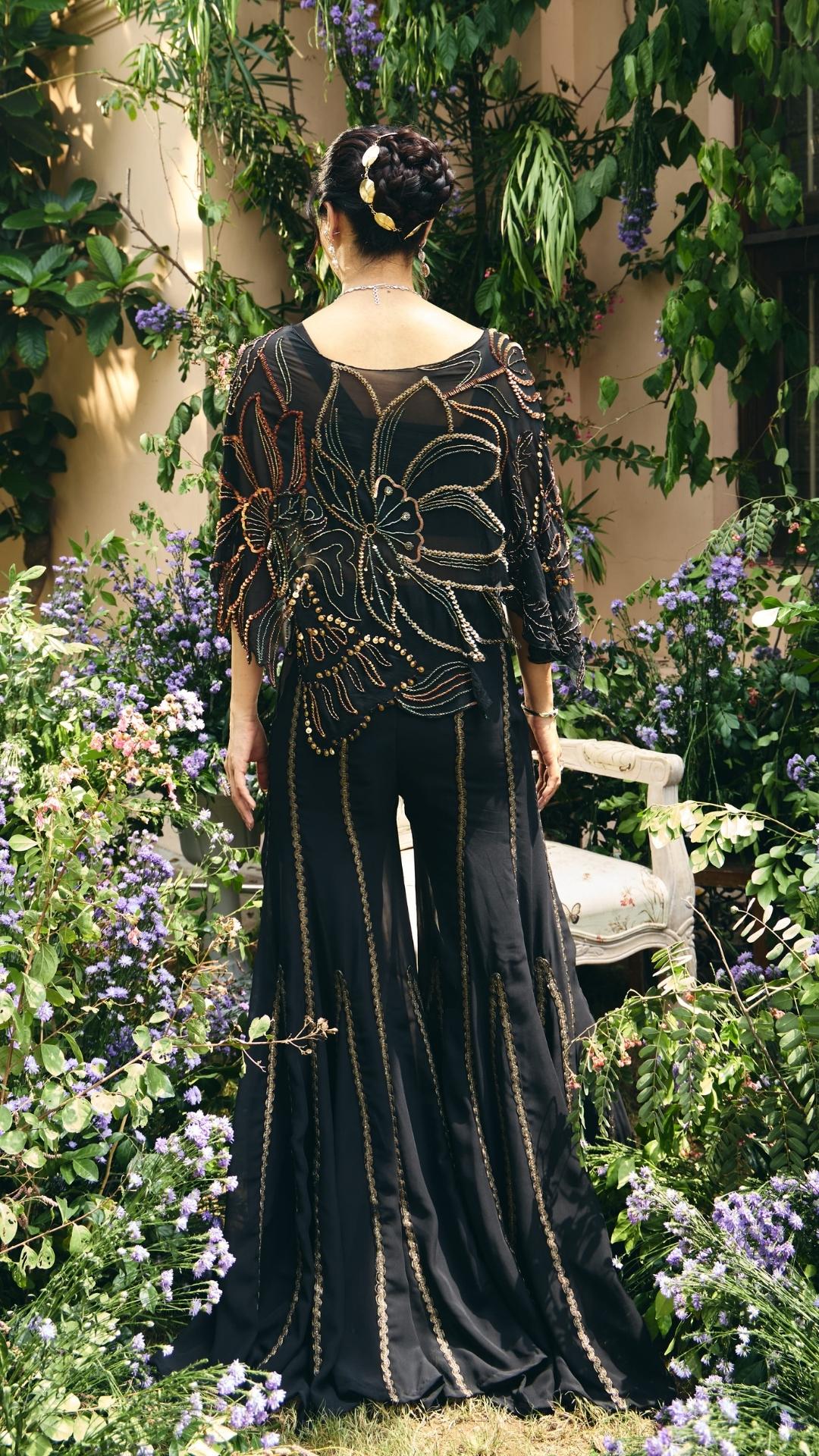 Black Organza  Embroidred Cape with Sharara