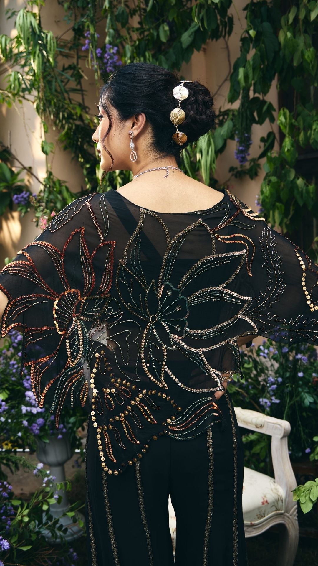 Black Organza  Embroidred Cape with Sharara