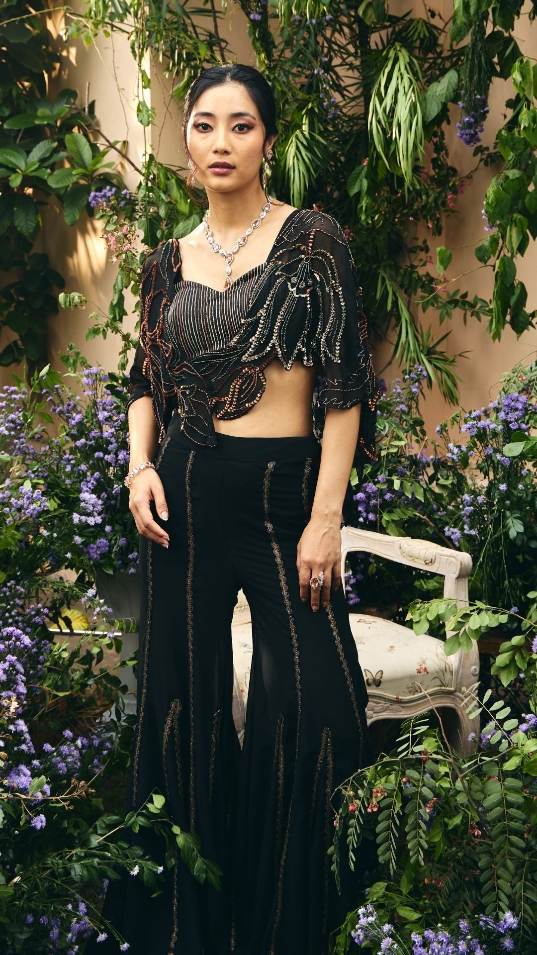 Black Organza  Embroidred Cape with Sharara