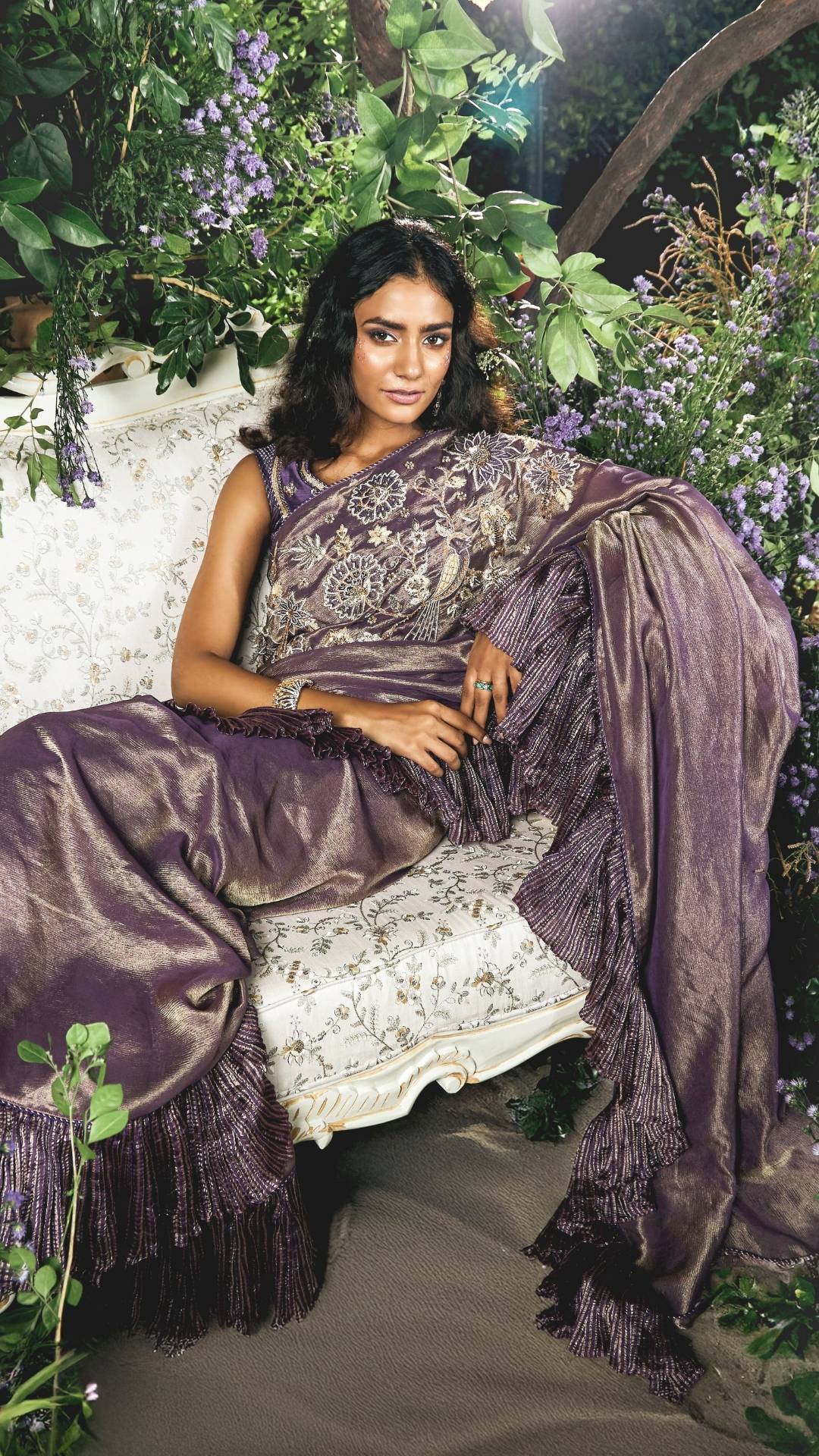 Purple Tissue , Crushed Jaquard Stripe & Dupion Saree Set