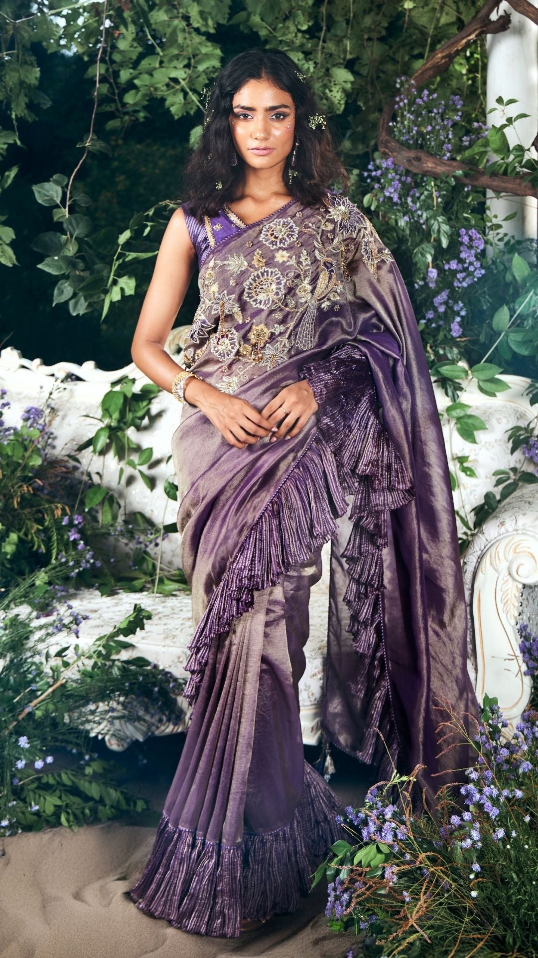 Purple Tissue , Crushed Jaquard Stripe & Dupion Saree Set