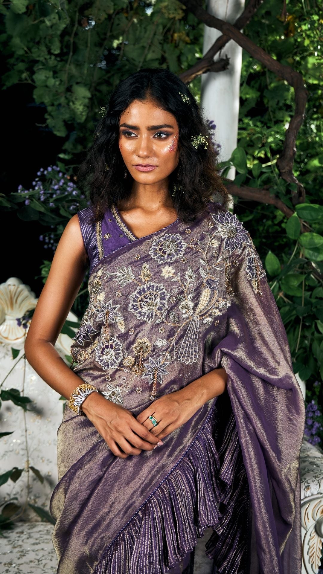 Purple Tissue , Crushed Jaquard Stripe & Dupion Saree Set