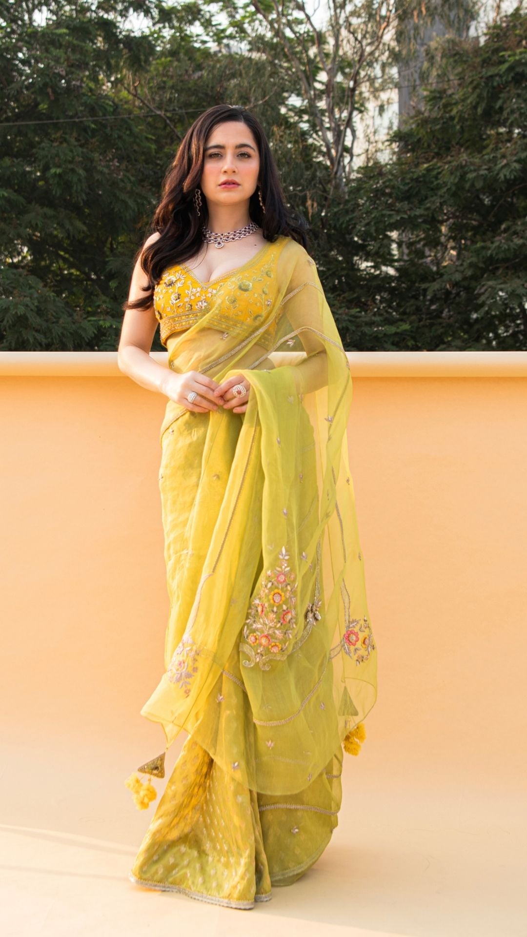 Lime Green Banarasi Tissue & Silk Organza Saree Set