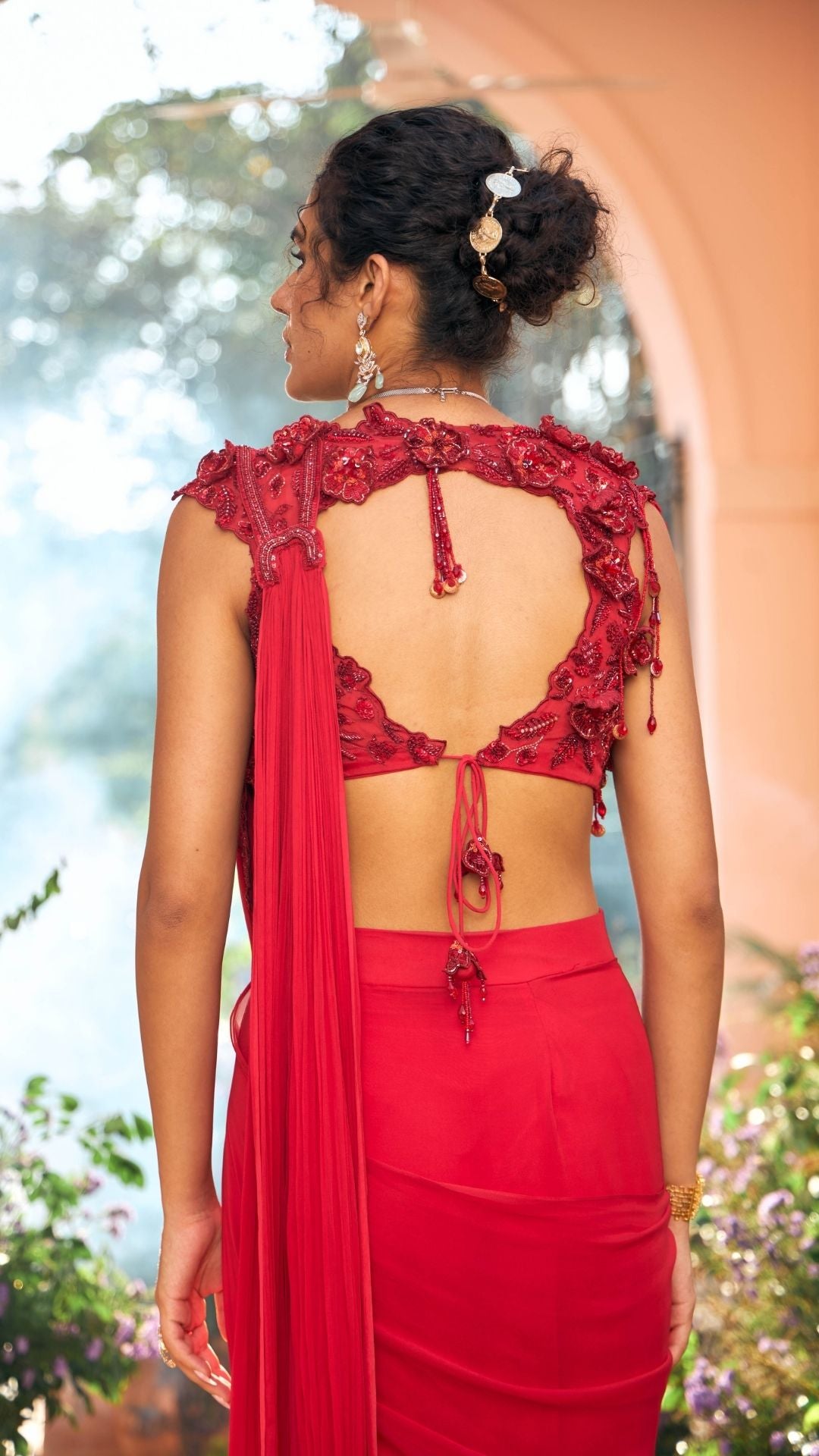 Hot Red Gerogette & Organza Drape Saree set