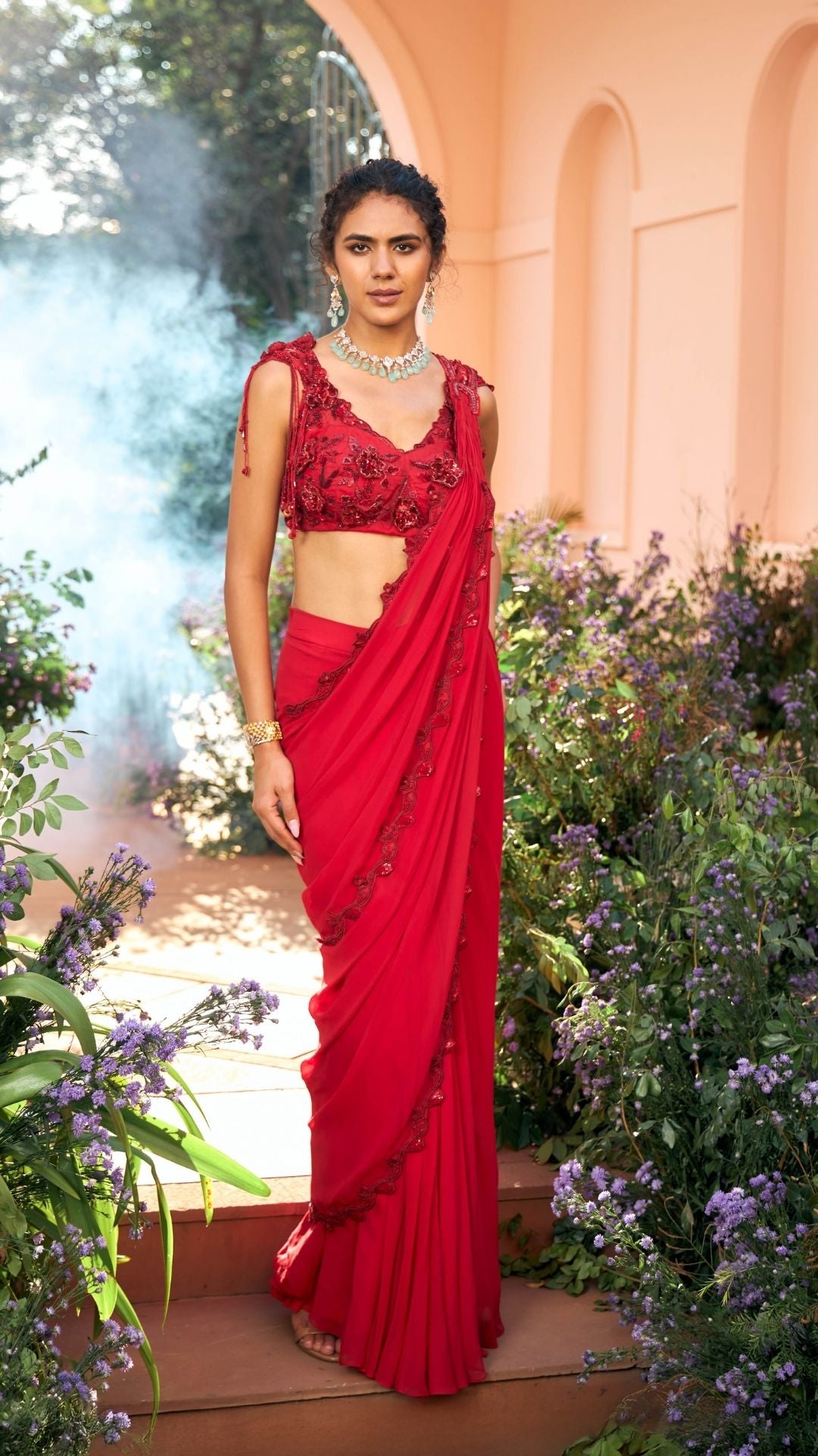 Hot Red Gerogette & Organza Drape Saree set