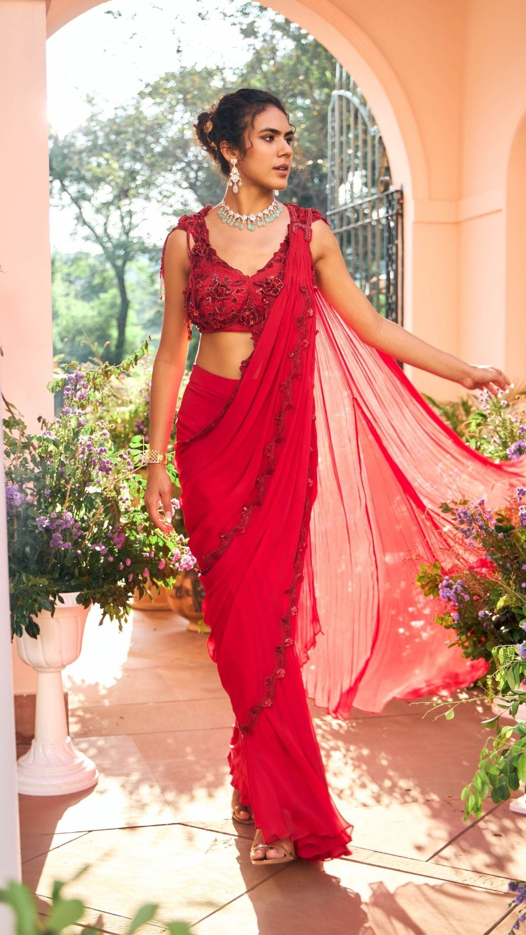 Hot Red Gerogette & Organza Drape Saree set