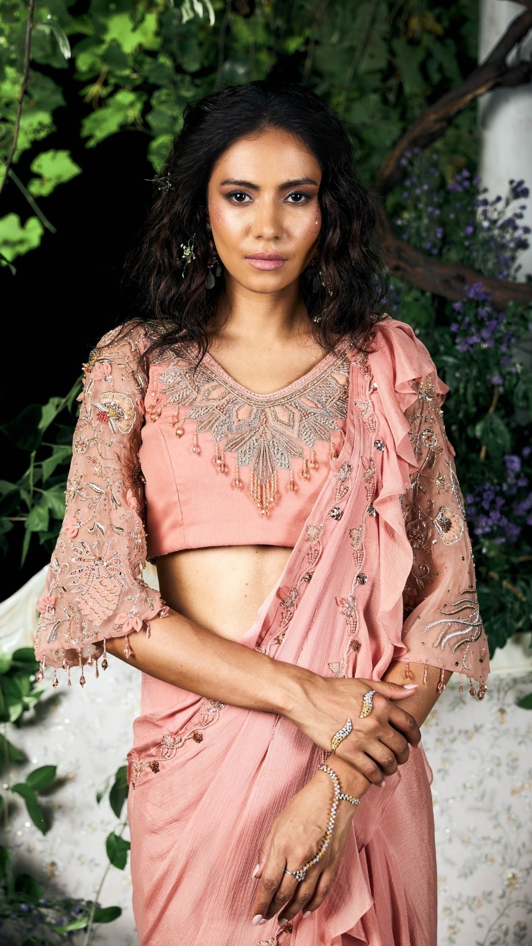 Peach pink Organza & Chinon Chiffon Drape Saree set