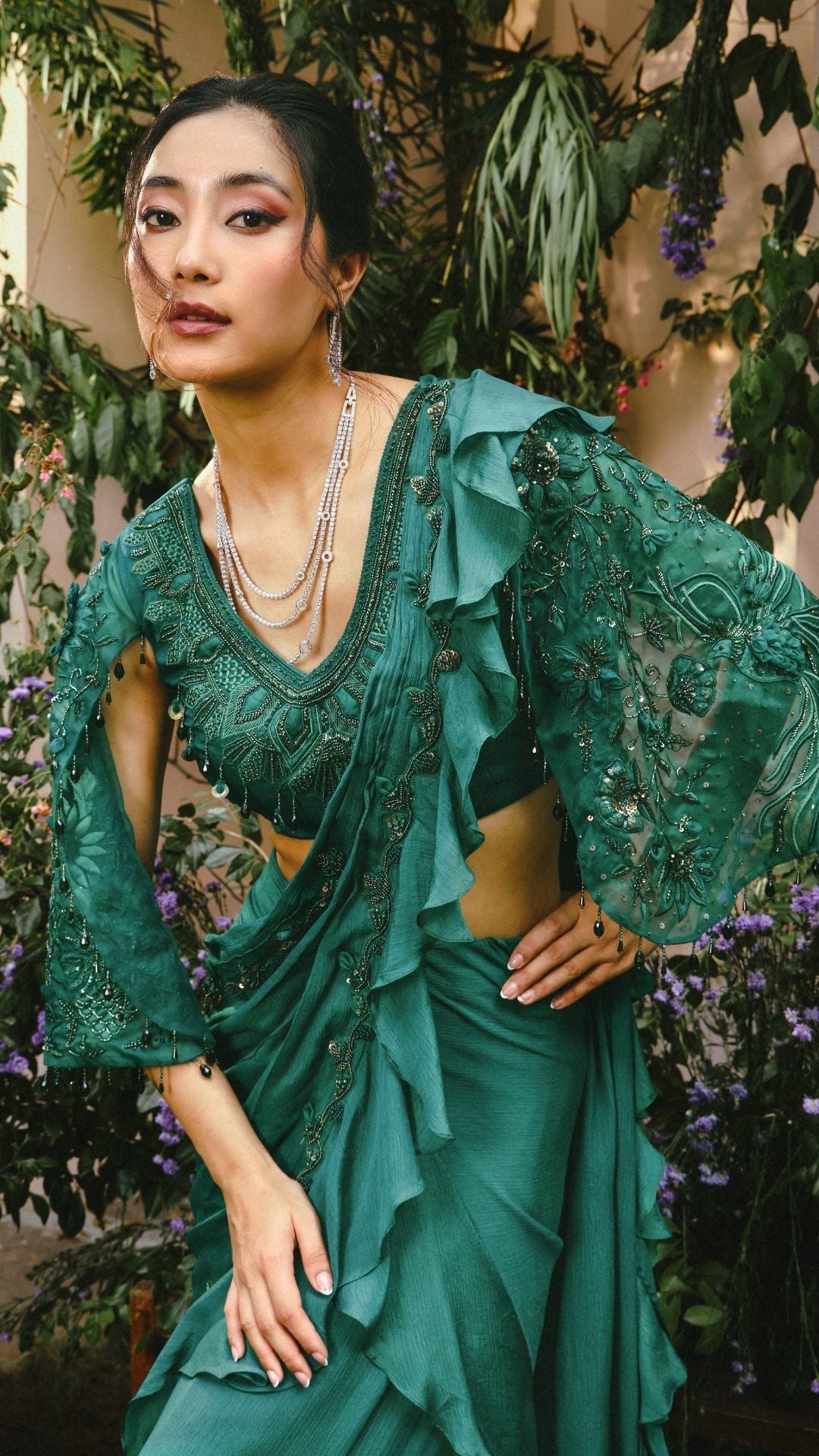 Emerald Green Organza & Gerogette Drape Saree set