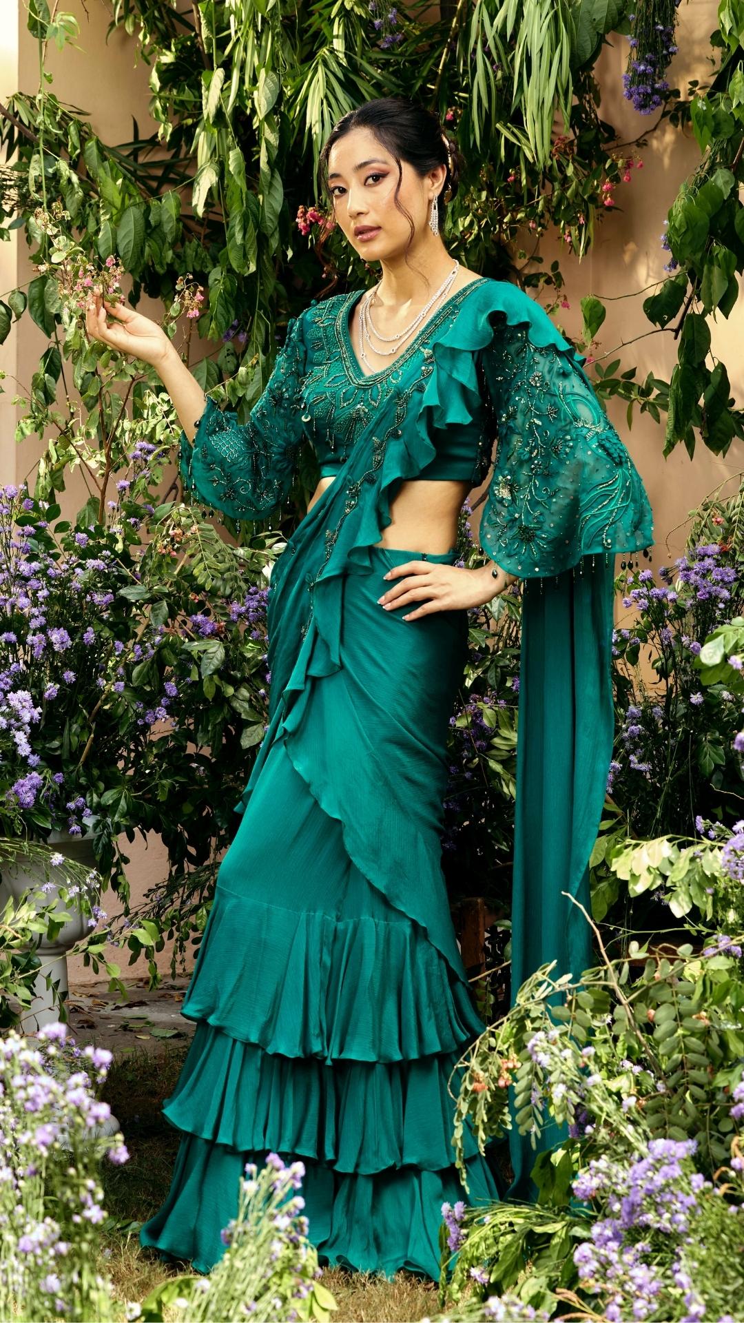 Emerald Green Organza & Gerogette Drape Saree set