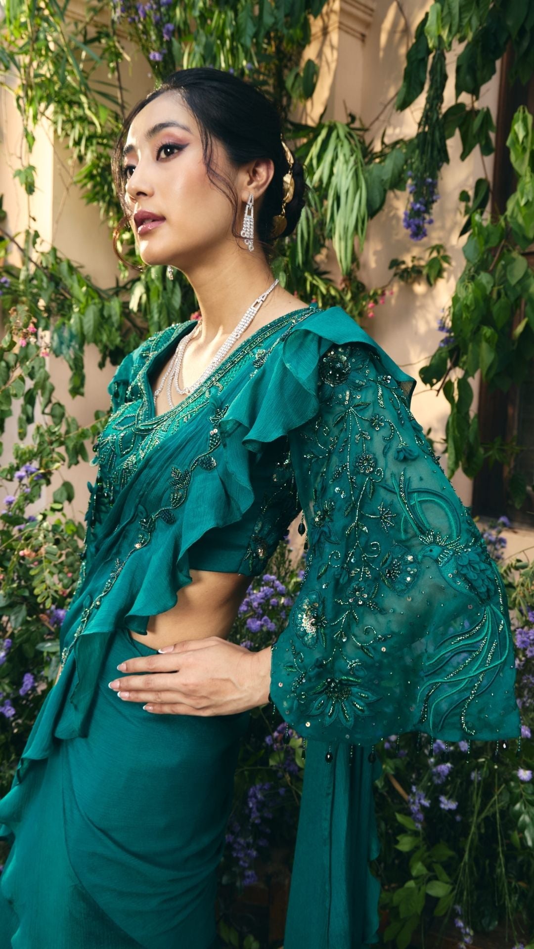 Emerald Green Organza & Gerogette Drape Saree set