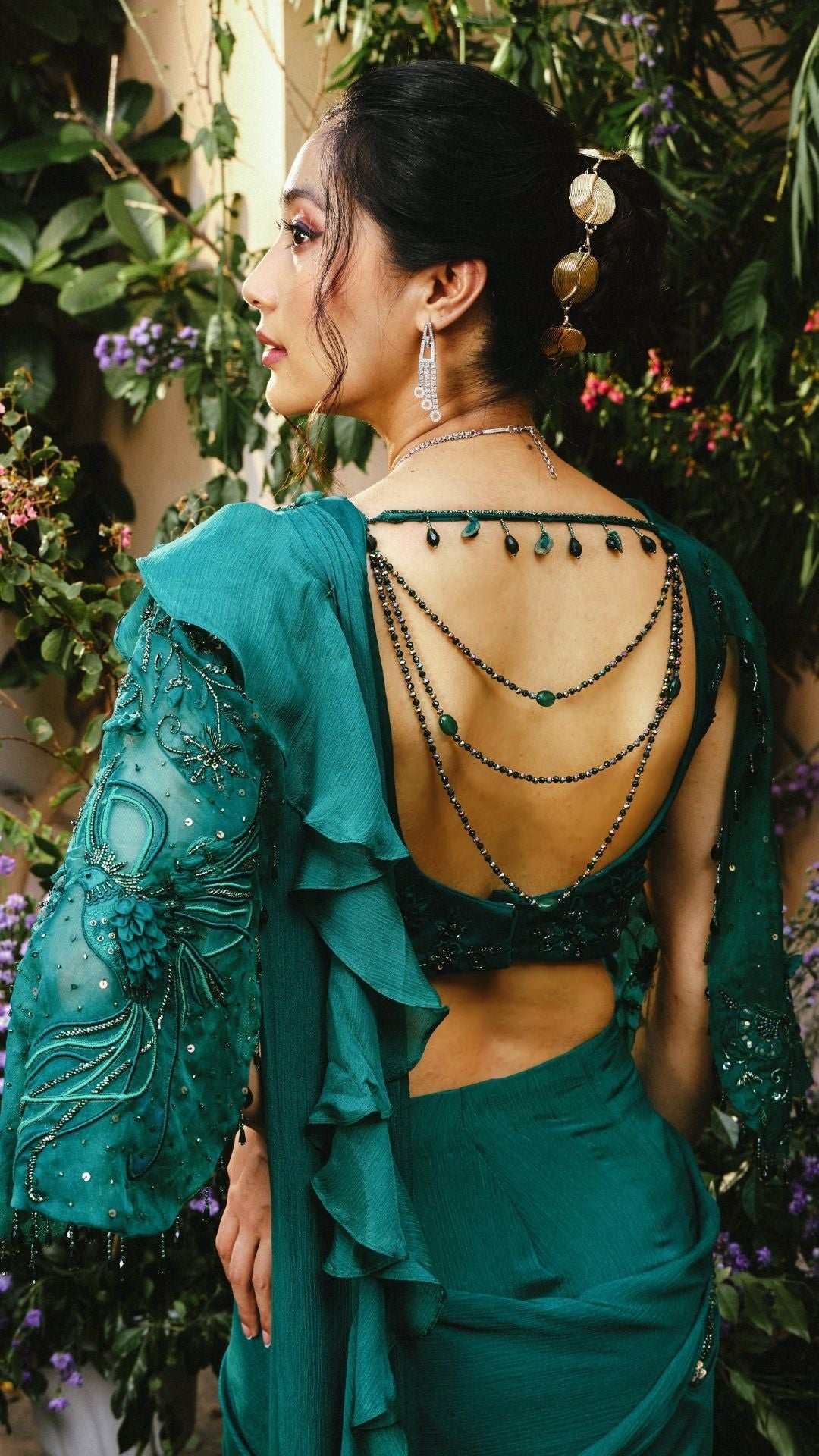 Emerald Green Organza & Gerogette Drape Saree set