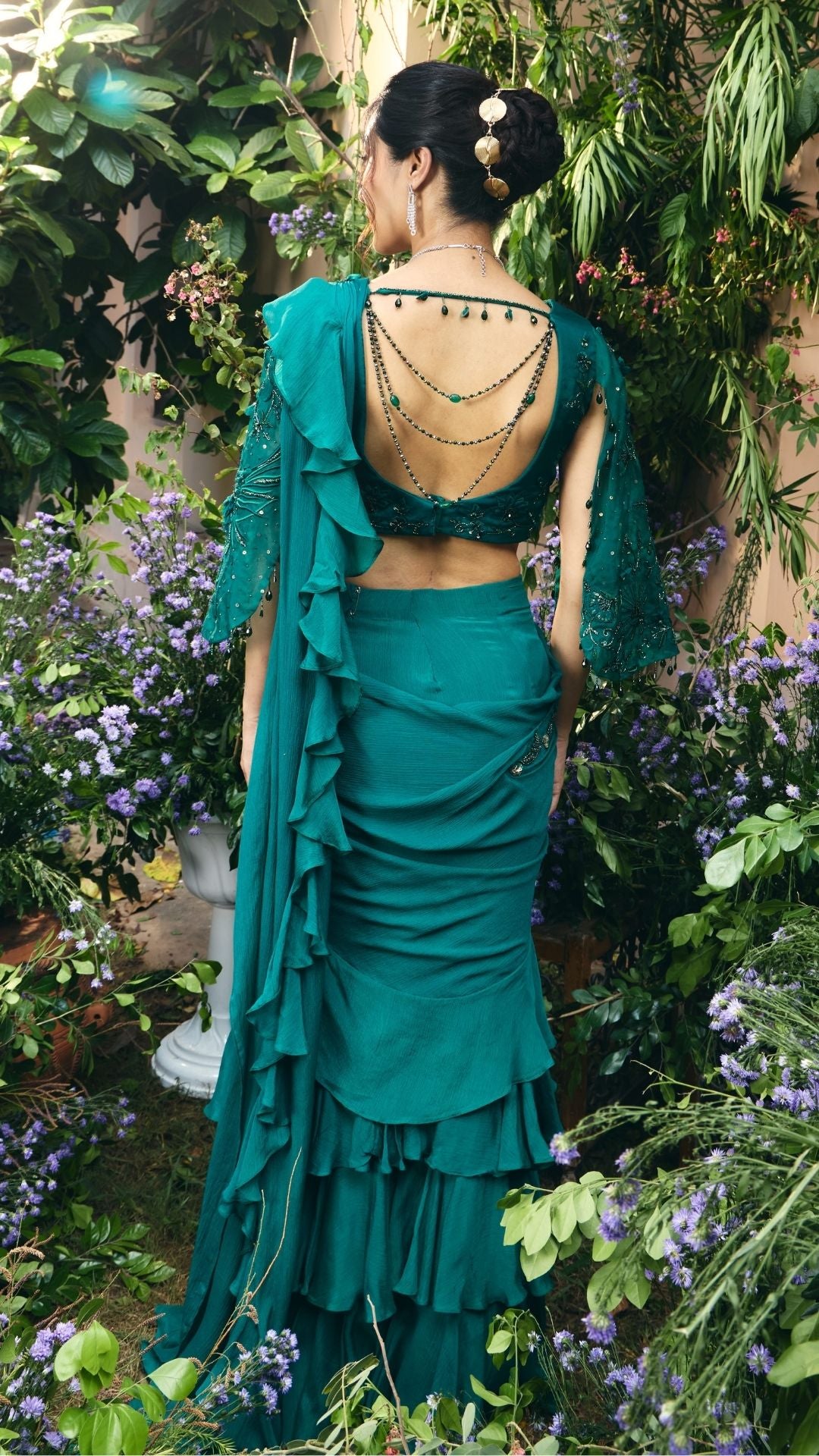 Emerald Green Organza & Gerogette Drape Saree set
