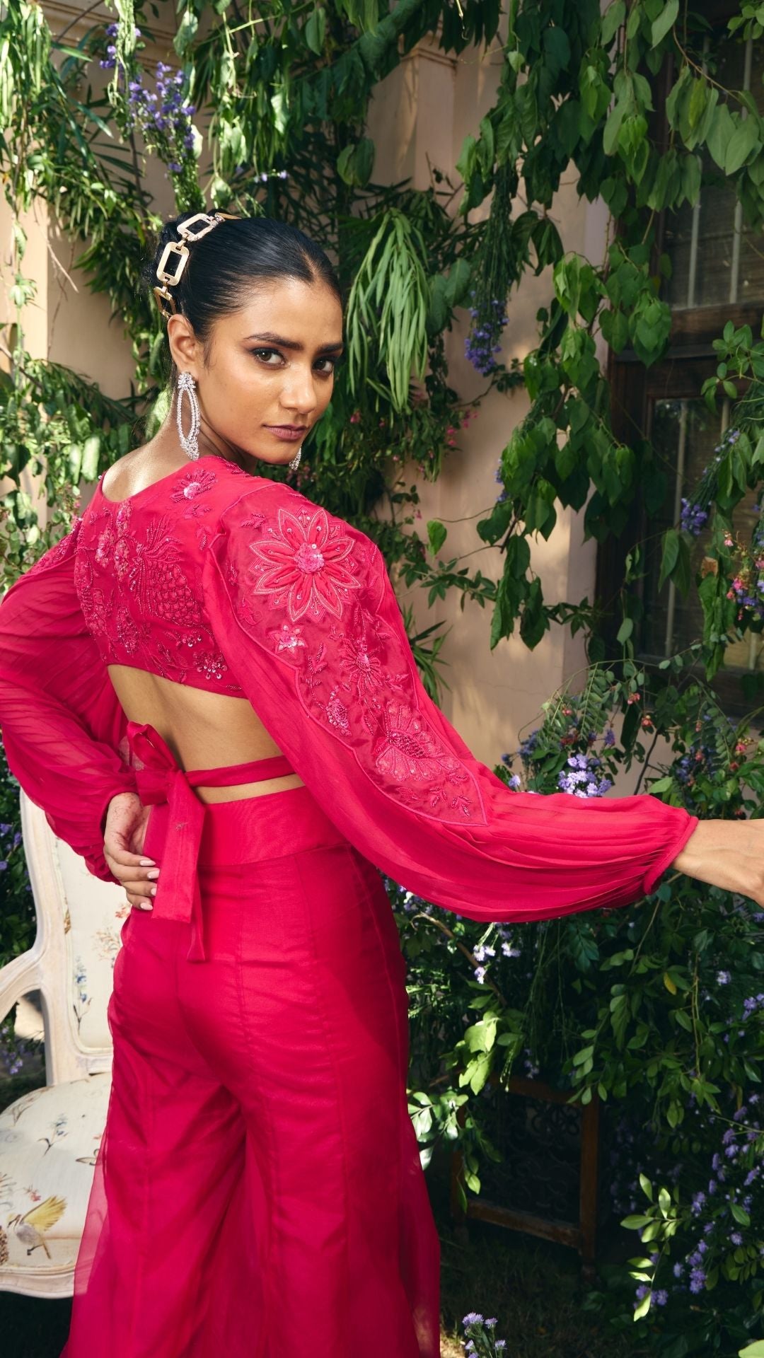 Hot Pink Floral Applique Cut-Out Blouse With Sharara