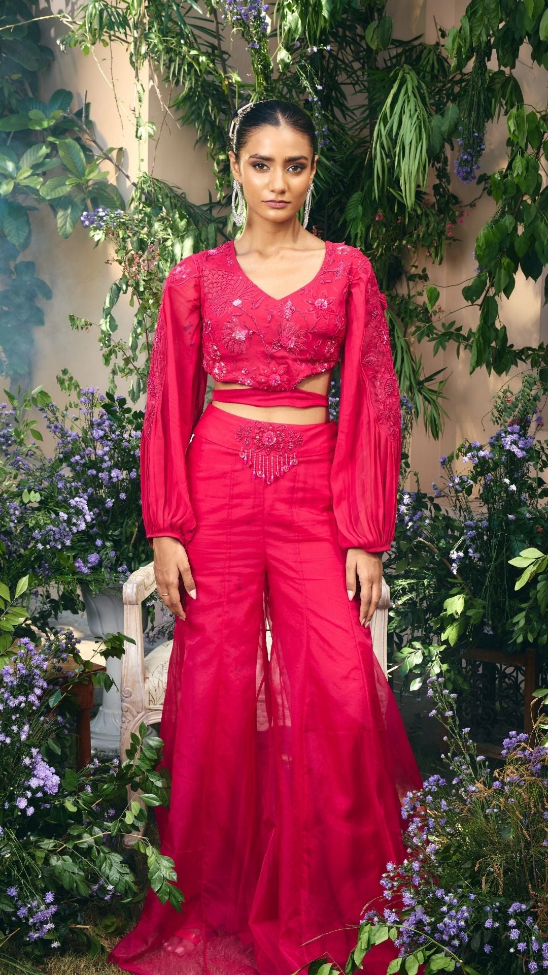 Hot Pink Floral Applique Cut-Out Blouse With Sharara