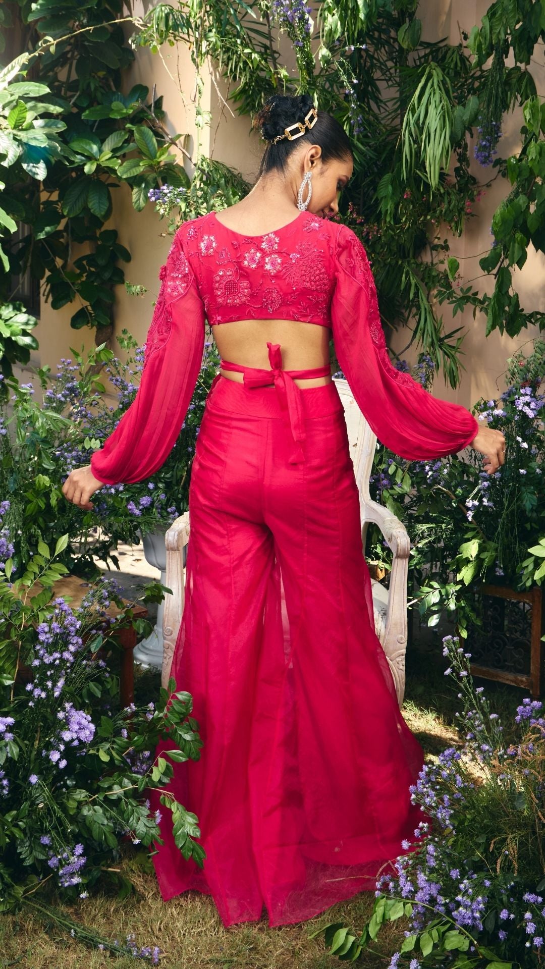 Hot Pink Floral Applique Cut-Out Blouse With Sharara